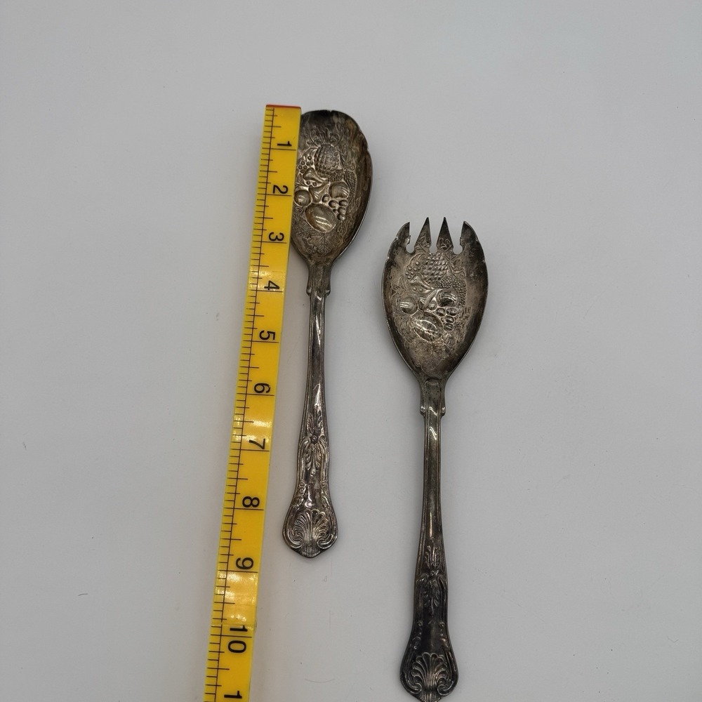 Antique FB Rogers Silver Plated Salad Serving Set Italy Fruit Pattern EPNS 9in - Picture 2 of 10